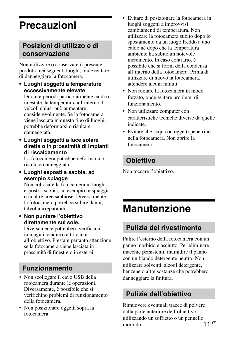 Precauzioni, Manutenzione, Posizioni di utilizzo e di conservazione | Funzionamento, Obiettivo, Pulizia del rivestimento, Pulizia dell’obiettivo | Sony VGP-UVC100 User Manual | Page 65 / 103