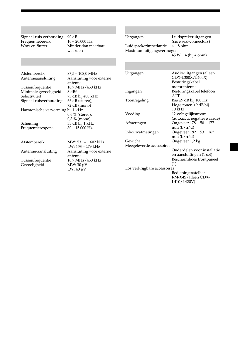 21 specificaties, Cd-speler, Radio | Versterker, Algemeen | Sony CDX-L410 User Manual | Page 109 / 112