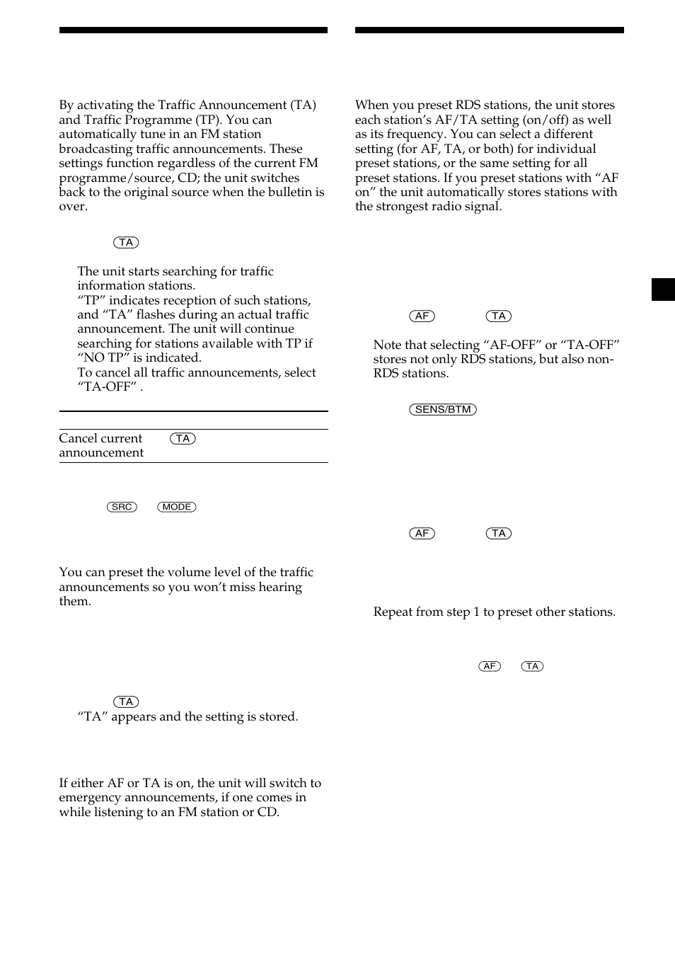 Receiving traffic announcements — ta/tp, Presetting rds stations with af and ta setting, 13 receiving traffic announcements | Sony CDX-L410 User Manual | Page 13 / 112
