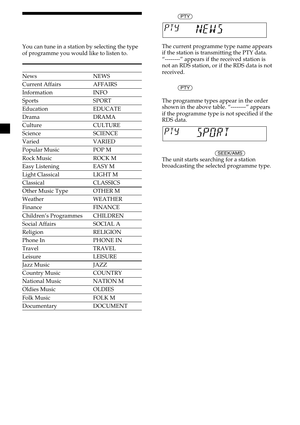 Tuning in stations by programme type — pty, Tuning in stations by programme type | Sony CDX-L410 User Manual | Page 14 / 112