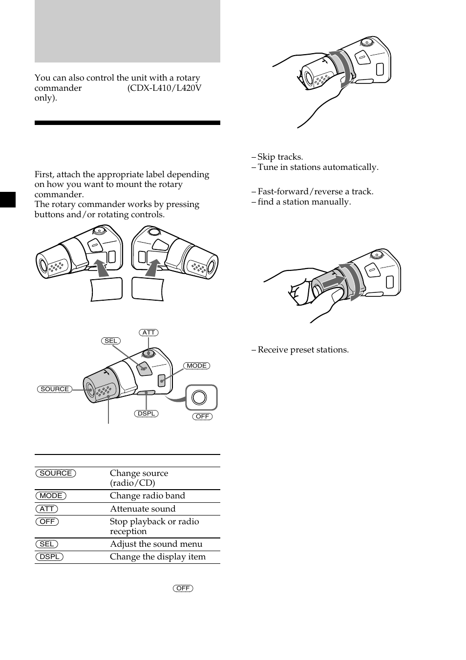 Other functions, Using the rotary commander | Sony CDX-L410 User Manual | Page 16 / 112