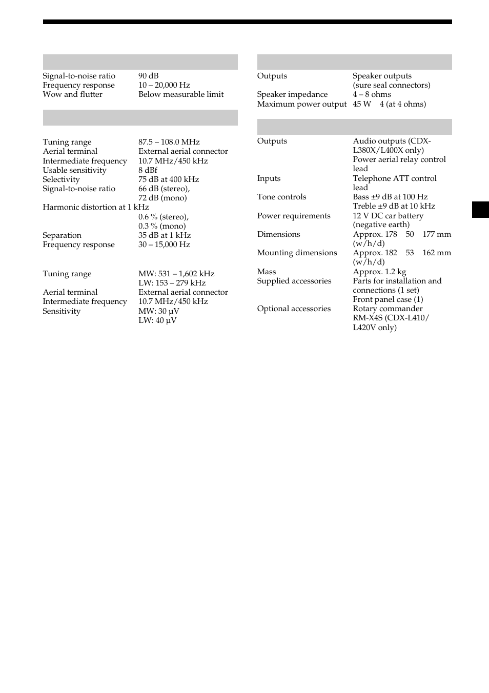 Specifications, 21 specifications, General | Sony CDX-L410 User Manual | Page 21 / 112