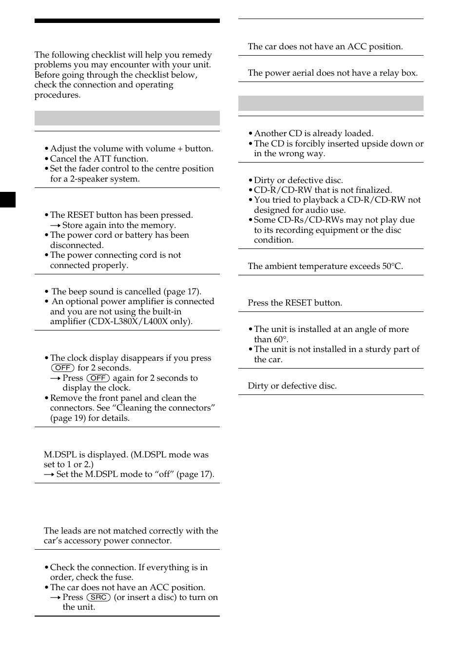 Troubleshooting | Sony CDX-L410 User Manual | Page 22 / 112