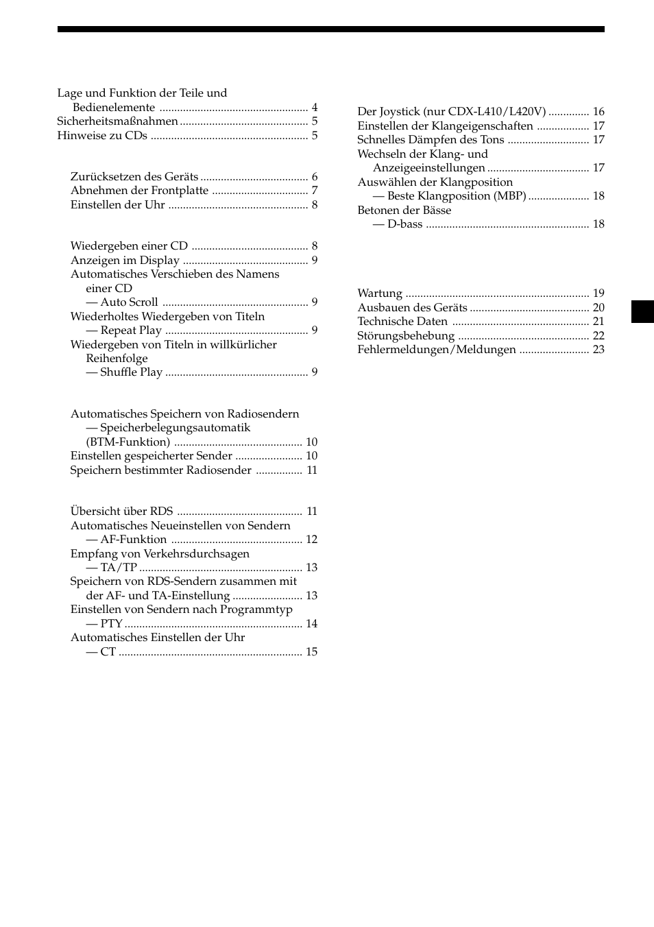 3inhalt, Vorbereitungen, Cd-player | Radio, Weitere funktionen, Weitere informationen | Sony CDX-L410 User Manual | Page 25 / 112