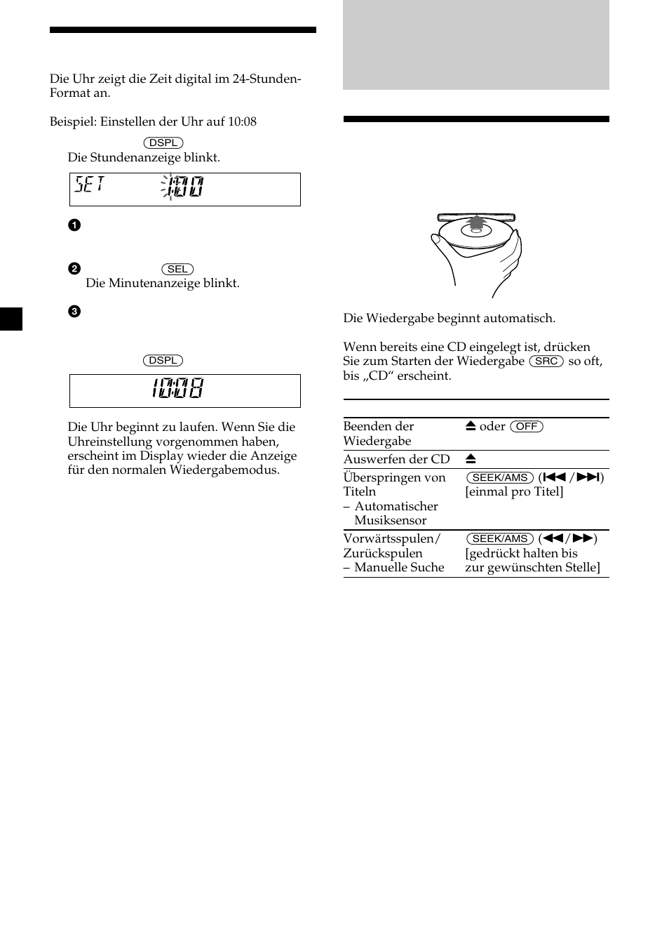 Cd-player, 8einstellen der uhr, Wiedergeben einer cd | Sony CDX-L410 User Manual | Page 30 / 112