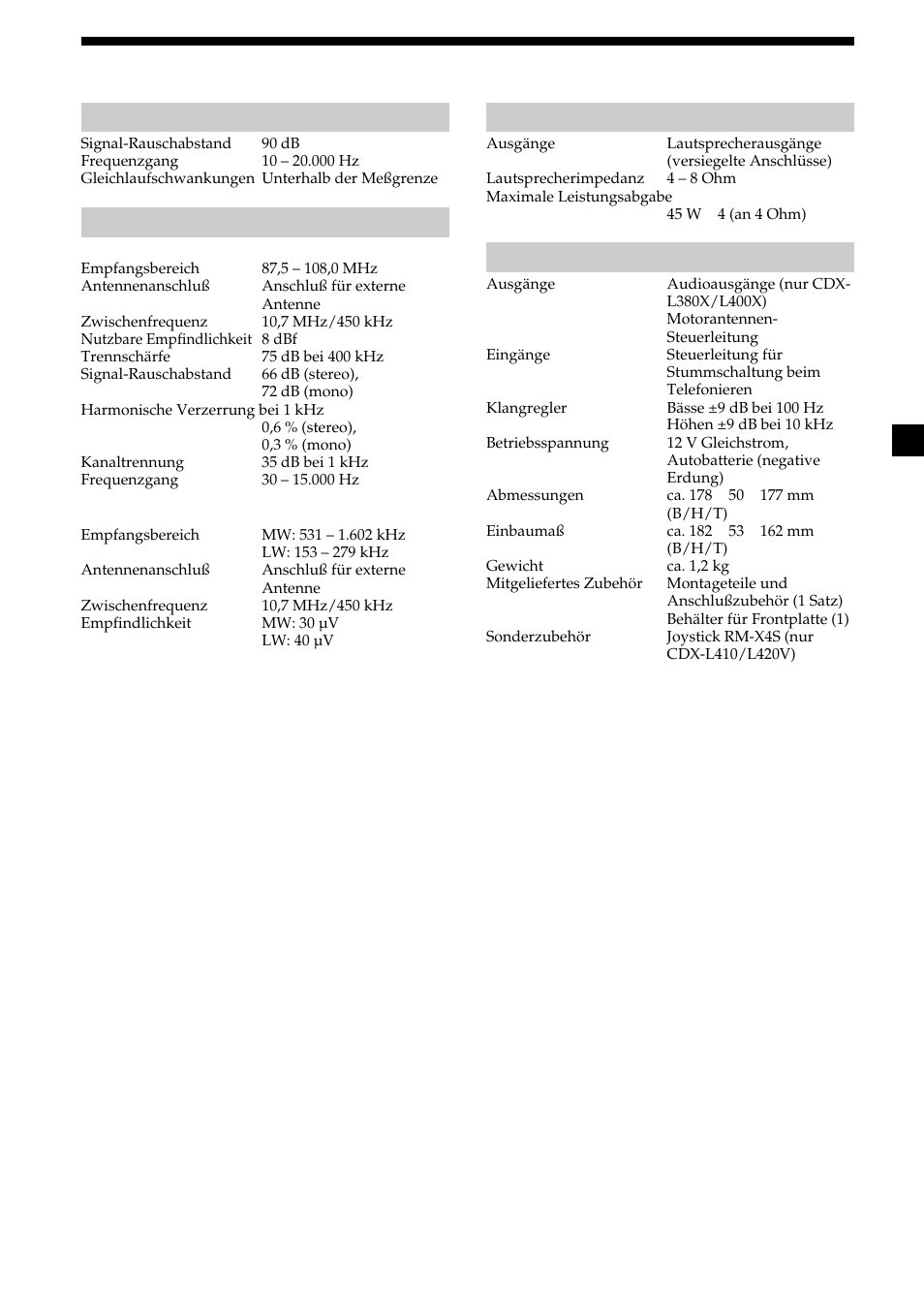 21 technische daten, Cd-player, Radio | Endverstärker, Allgemeines | Sony CDX-L410 User Manual | Page 43 / 112