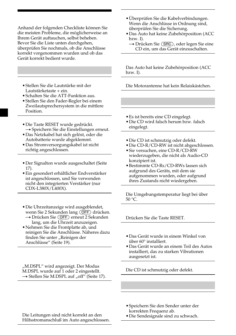 Störungsbehebung | Sony CDX-L410 User Manual | Page 44 / 112