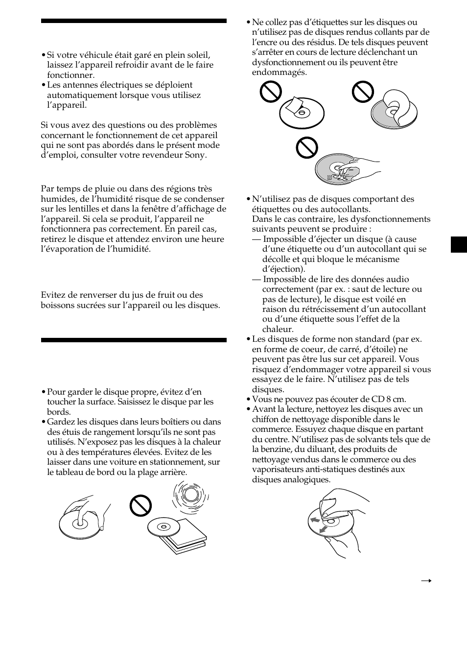 5précautions, Remarques sur les disques compacts | Sony CDX-L410 User Manual | Page 49 / 112