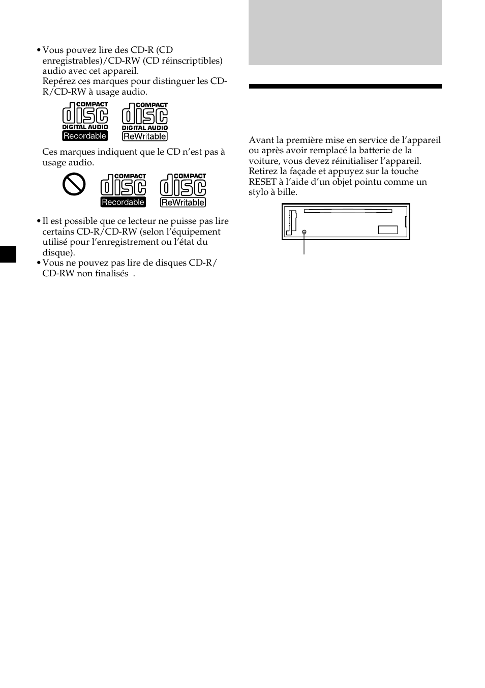 Préparation, Réinitialisation de l’appareil | Sony CDX-L410 User Manual | Page 50 / 112