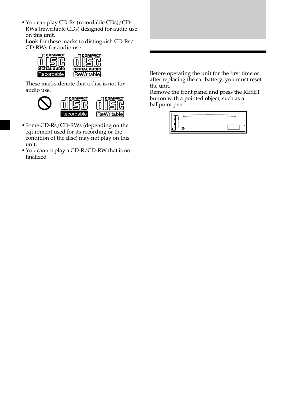 Getting started, Resetting the unit | Sony CDX-L410 User Manual | Page 6 / 112