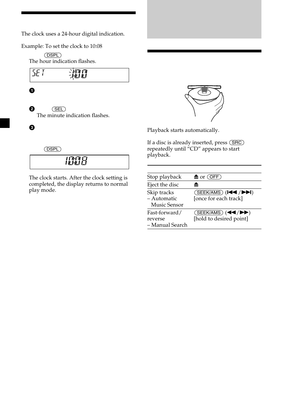 Setting the clock, Cd player, Playing a disc | 8setting the clock | Sony CDX-L410 User Manual | Page 8 / 112