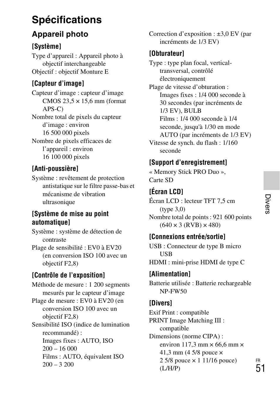 Spécifications, Appareil photo | Sony NEX-F3 User Manual | Page 103 / 522