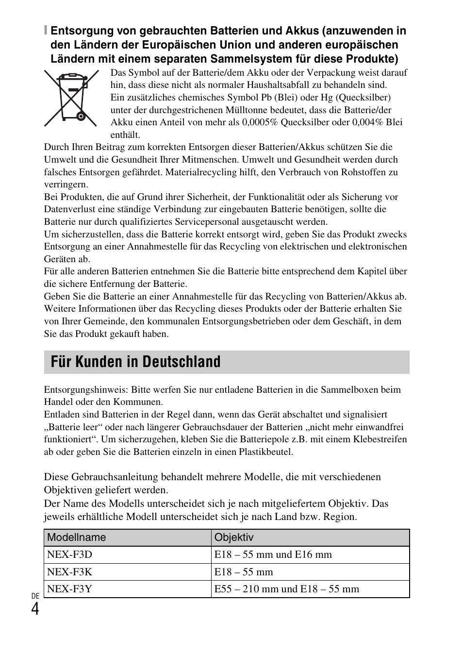 Für kunden in deutschland | Sony NEX-F3 User Manual | Page 110 / 522