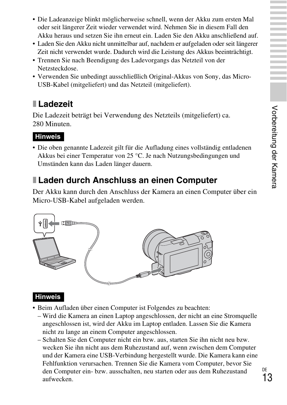 Xladezeit, Xladen durch anschluss an einen computer | Sony NEX-F3 User Manual | Page 119 / 522