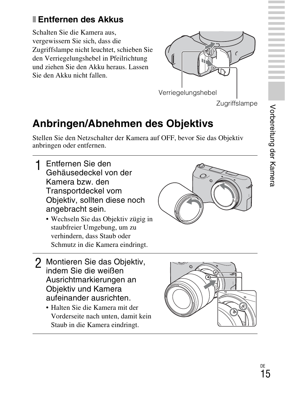 Anbringen/abnehmen des objektivs | Sony NEX-F3 User Manual | Page 121 / 522