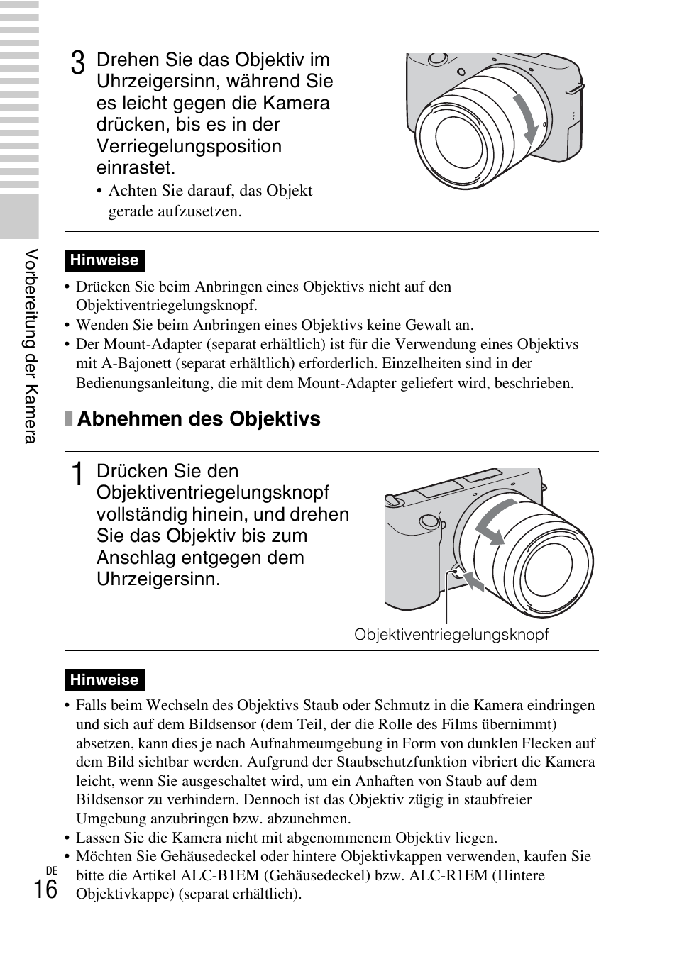 Xabnehmen des objektivs | Sony NEX-F3 User Manual | Page 122 / 522