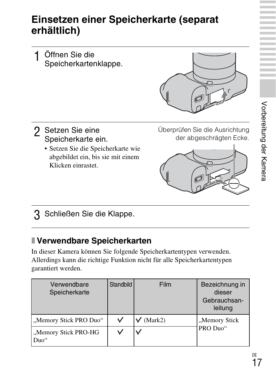 Einsetzen einer speicherkarte (separat erhältlich) | Sony NEX-F3 User Manual | Page 123 / 522