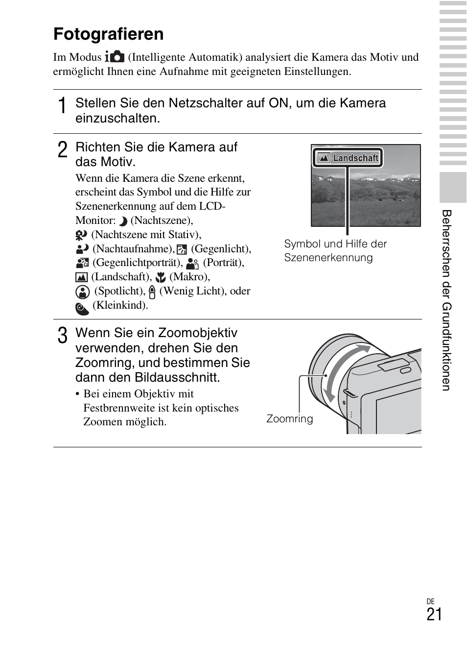 Beherrschen der grundfunktionen, Fotografieren | Sony NEX-F3 User Manual | Page 127 / 522