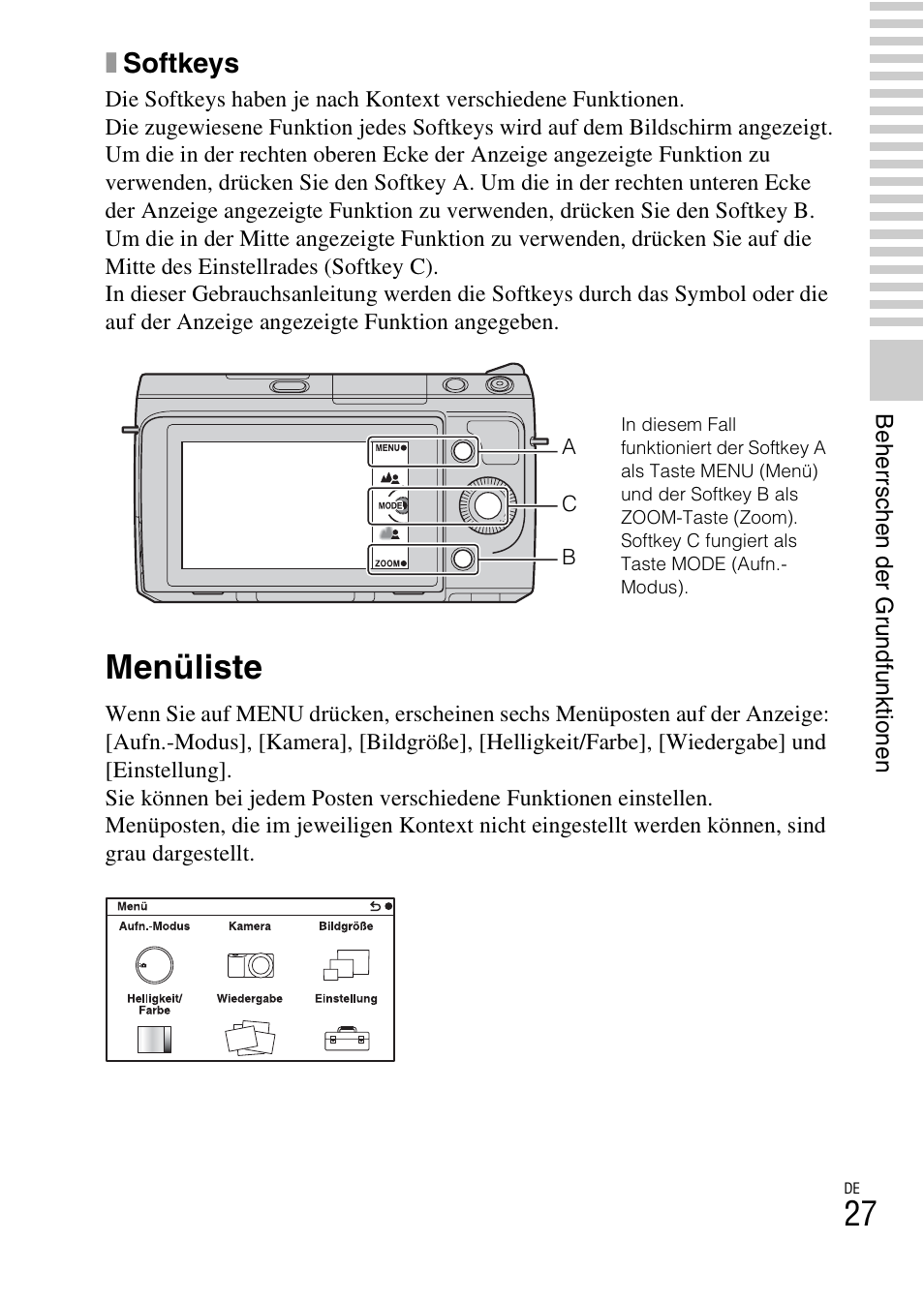 Menüliste, Y a (27), Xsoftkeys | Sony NEX-F3 User Manual | Page 133 / 522
