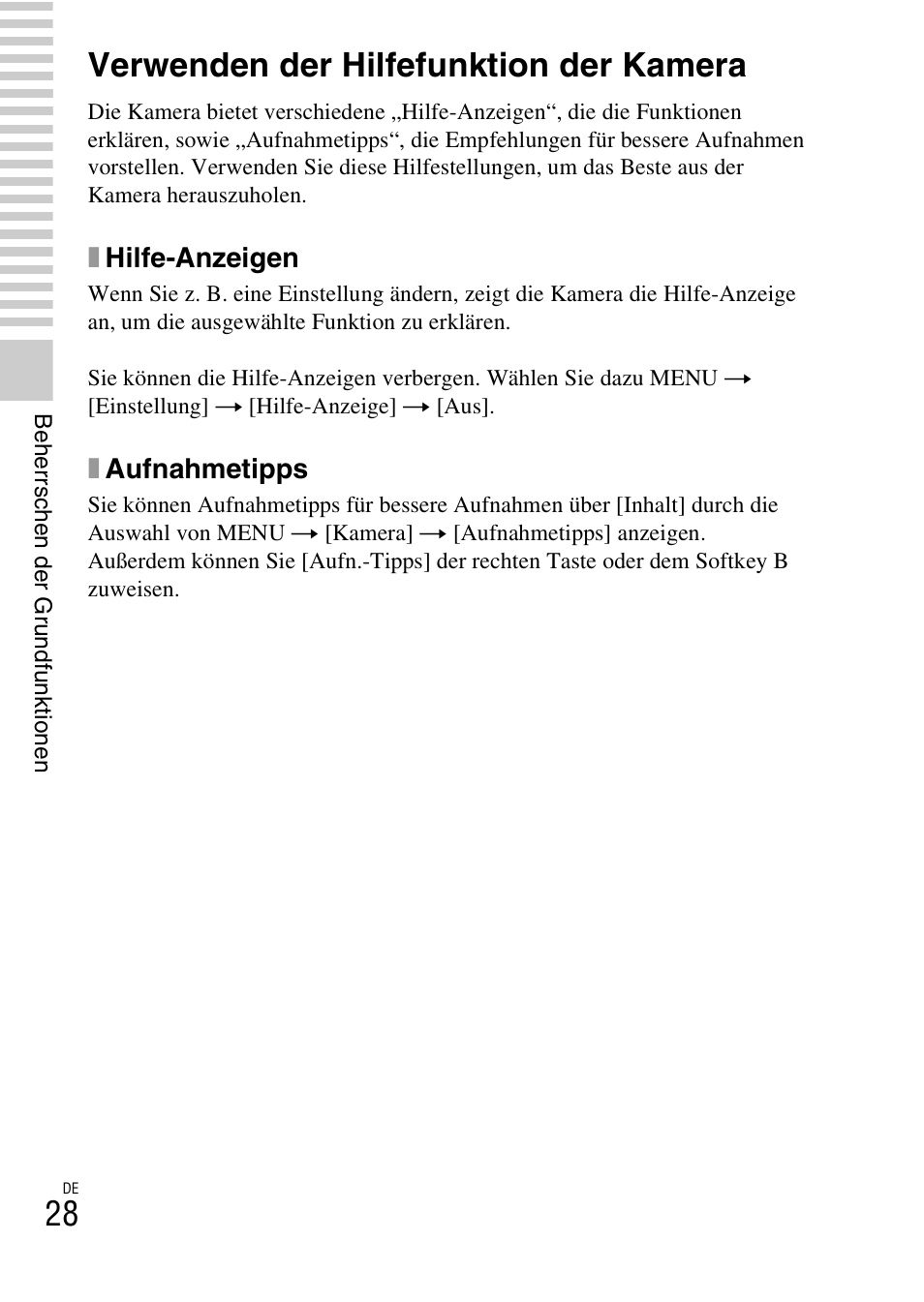 Verwenden der hilfefunktion der kamera, Xhilfe-anzeigen, Xaufnahmetipps | Sony NEX-F3 User Manual | Page 134 / 522