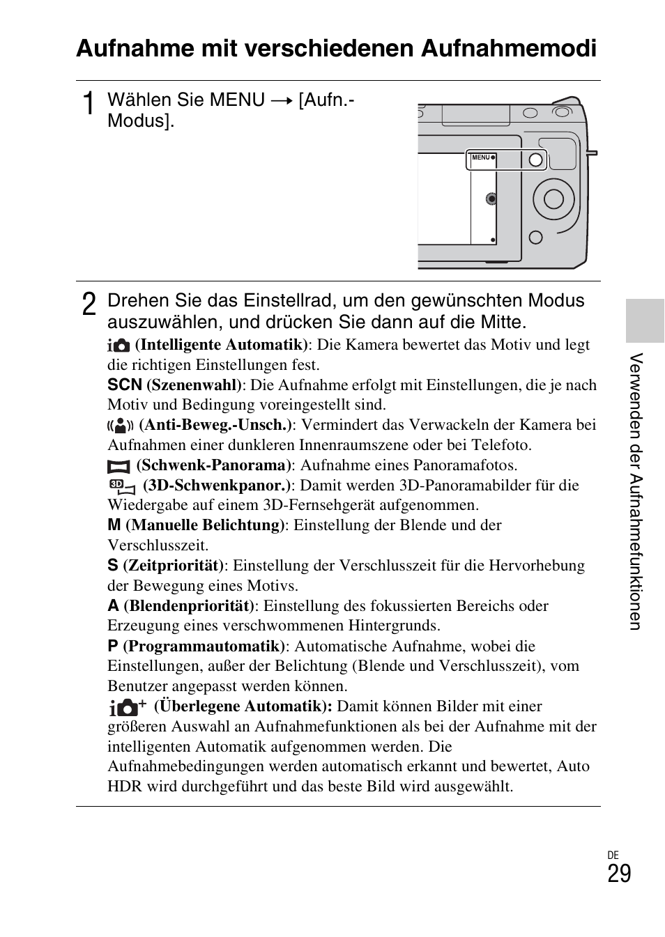 Verwenden der aufnahmefunktionen, Aufnahme mit verschiedenen aufnahmemodi | Sony NEX-F3 User Manual | Page 135 / 522