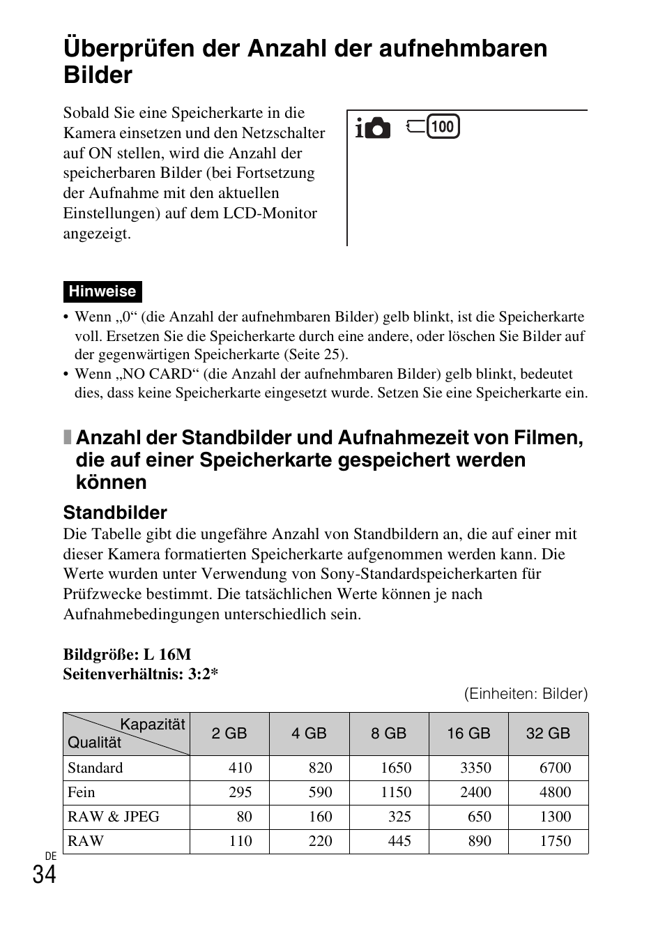 Sonstiges, Überprüfen der anzahl der aufnehmbaren bilder, Standbilder | Sony NEX-F3 User Manual | Page 140 / 522