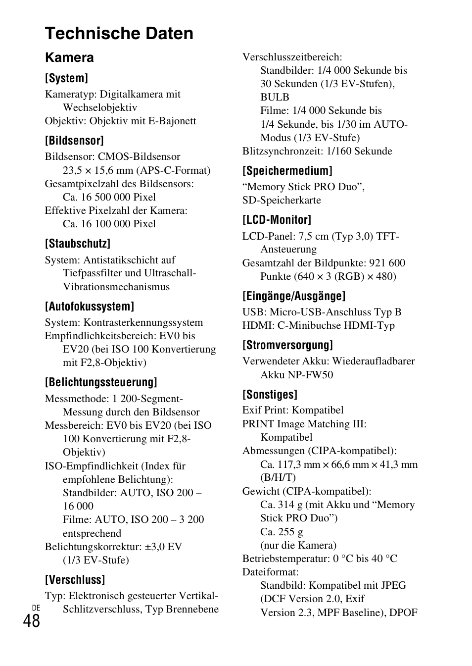 Technische daten, 48 technische daten, Kamera | Sony NEX-F3 User Manual | Page 154 / 522