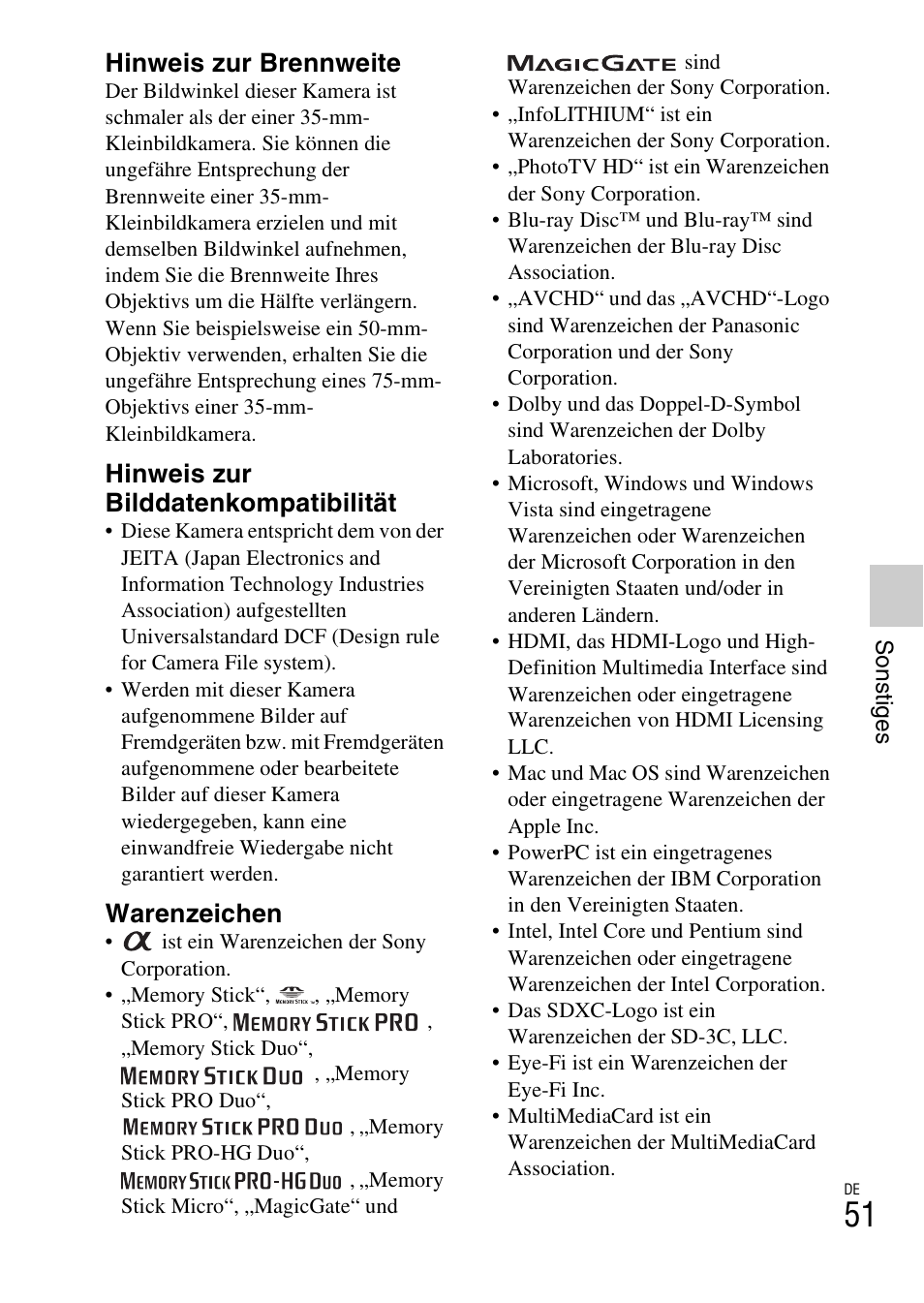 Hinweis zur brennweite, Hinweis zur bilddatenkompatibilität, Warenzeichen | Sony NEX-F3 User Manual | Page 157 / 522