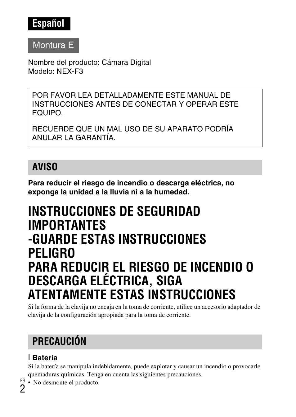 Español, Aviso precaución | Sony NEX-F3 User Manual | Page 160 / 522