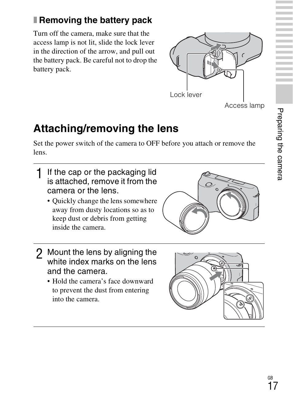 Attaching/removing the lens | Sony NEX-F3 User Manual | Page 17 / 522