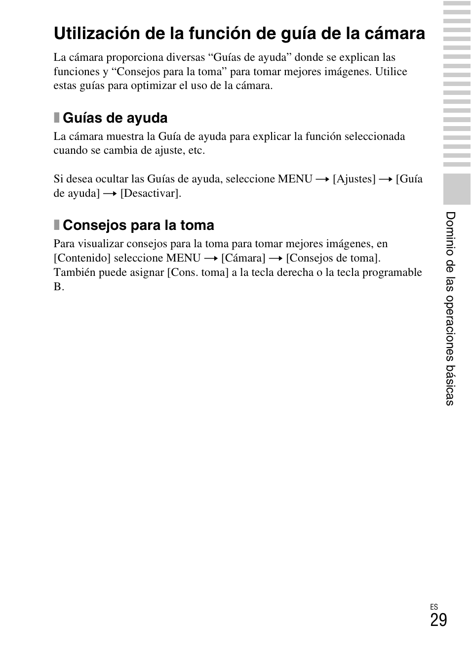 Utilización de la función de guía de la cámara, Xguías de ayuda, Xconsejos para la toma | Sony NEX-F3 User Manual | Page 187 / 522