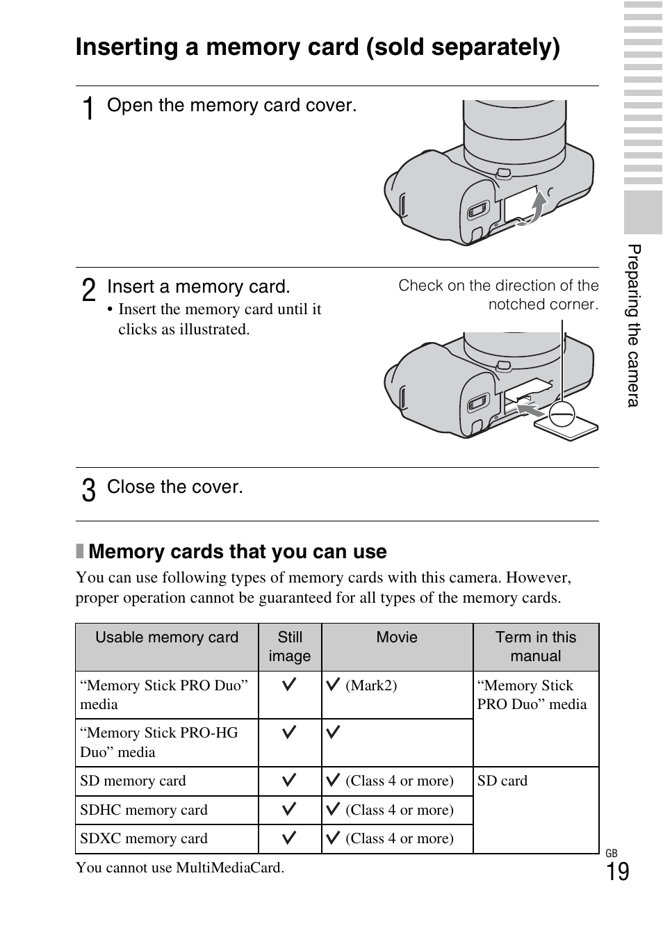 Inserting a memory card (sold separately), R (19 | Sony NEX-F3 User Manual | Page 19 / 522