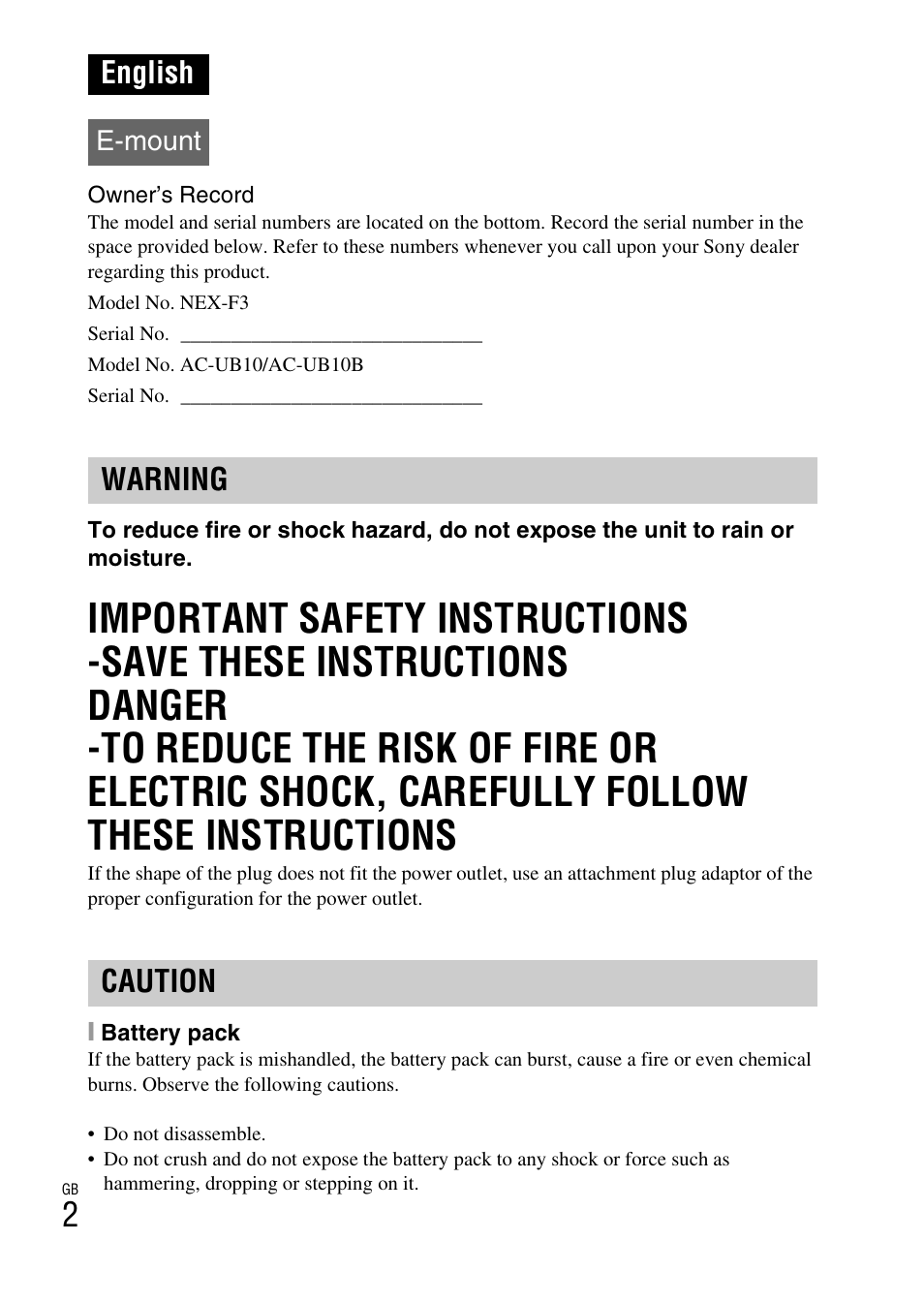 English, Warning caution, E-mount | Sony NEX-F3 User Manual | Page 2 / 522