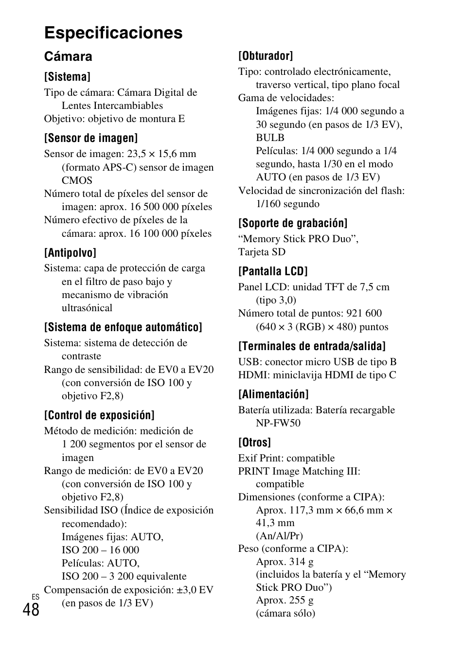 Especificaciones, 48 especificaciones, Cámara | Sony NEX-F3 User Manual | Page 206 / 522