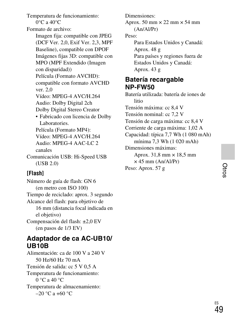 Adaptador de ca ac-ub10/ ub10b, Batería recargable np-fw50 | Sony NEX-F3 User Manual | Page 207 / 522