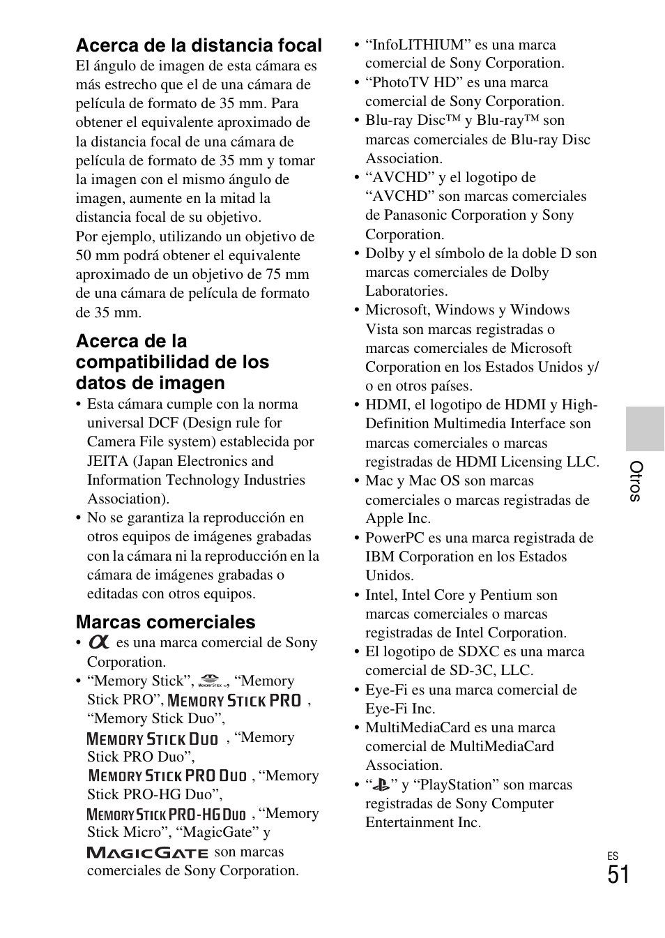 Acerca de la distancia focal, Acerca de la compatibilidad de los datos de imagen, Marcas comerciales | Sony NEX-F3 User Manual | Page 209 / 522