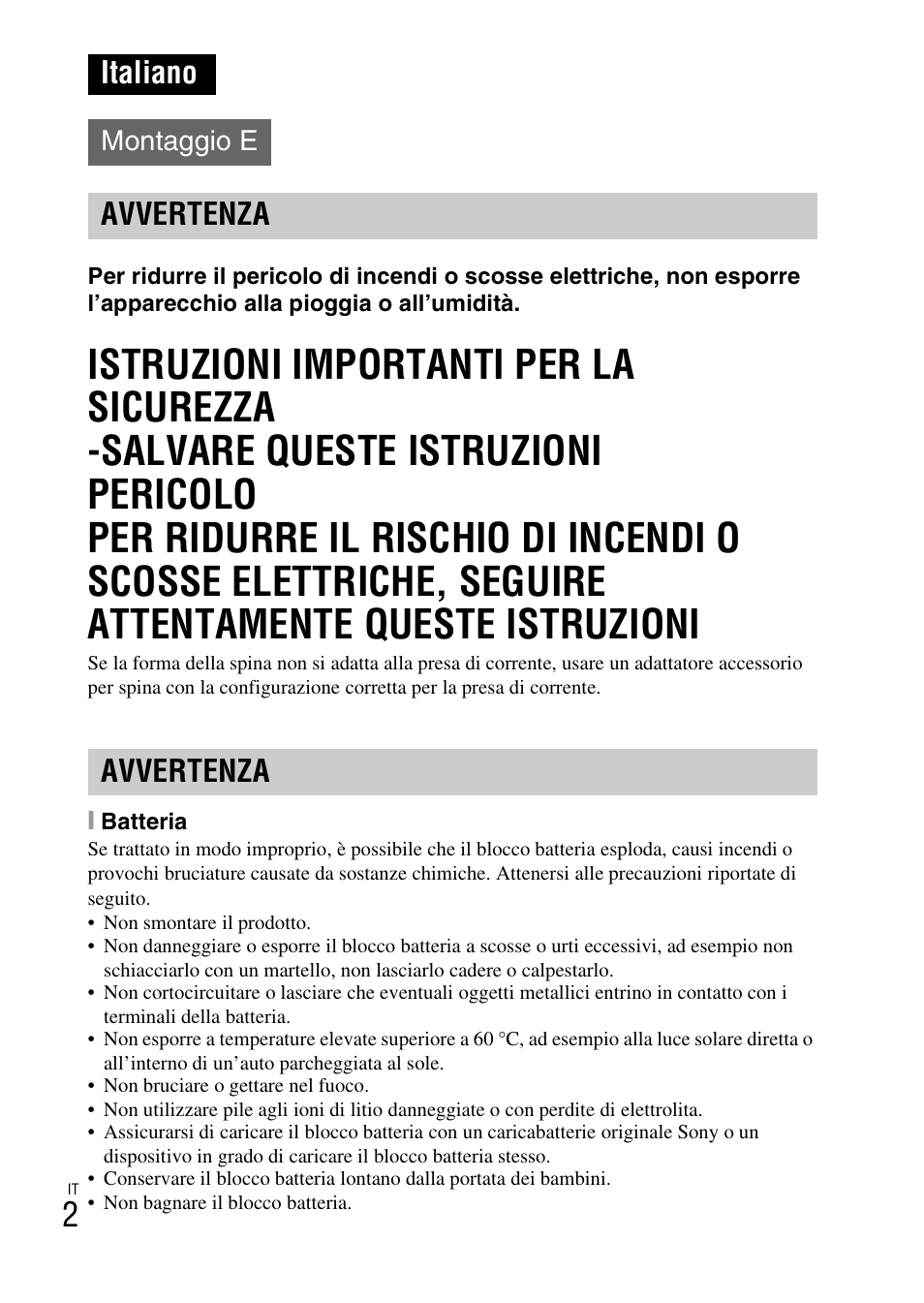 Italiano, Avvertenza, Montaggio e | Sony NEX-F3 User Manual | Page 212 / 522