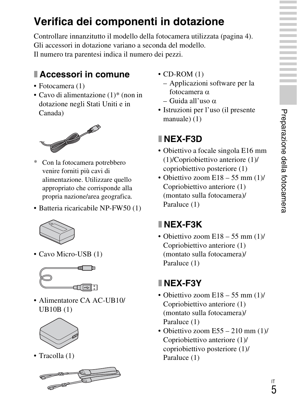 Preparazione della fotocamera, Verifica dei componenti in dotazione, Xaccessori in comune | Xnex-f3d, Xnex-f3k, Xnex-f3y | Sony NEX-F3 User Manual | Page 215 / 522