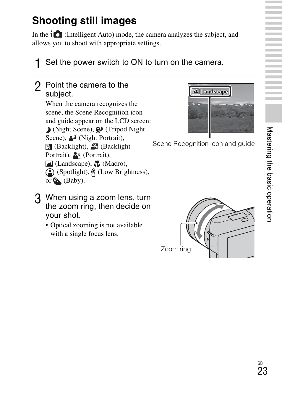 Mastering the basic operation, Shooting still images | Sony NEX-F3 User Manual | Page 23 / 522