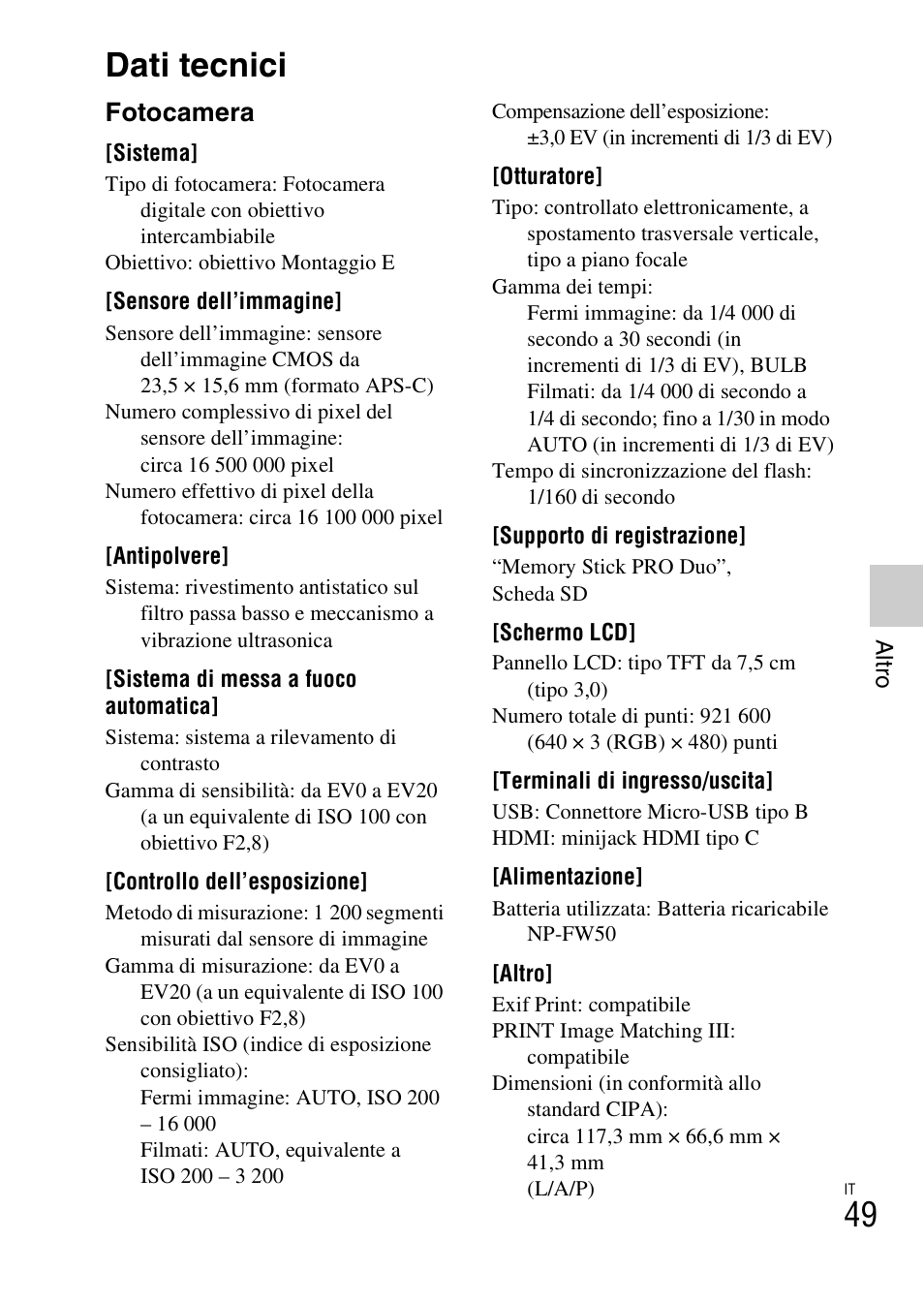 Dati tecnici, Fotocamera | Sony NEX-F3 User Manual | Page 259 / 522