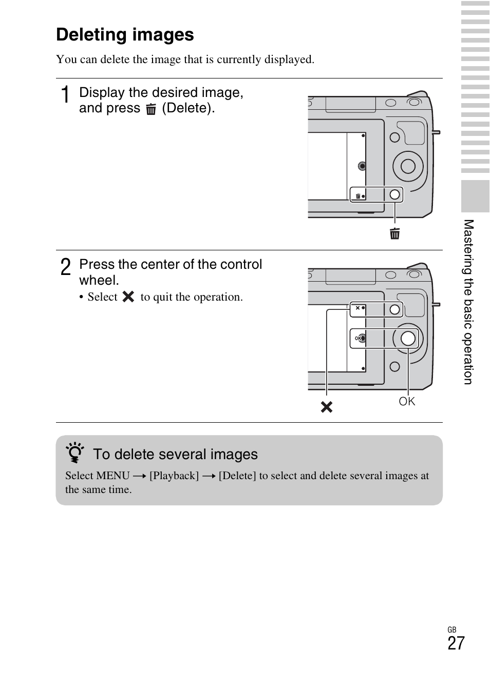 Deleting images | Sony NEX-F3 User Manual | Page 27 / 522