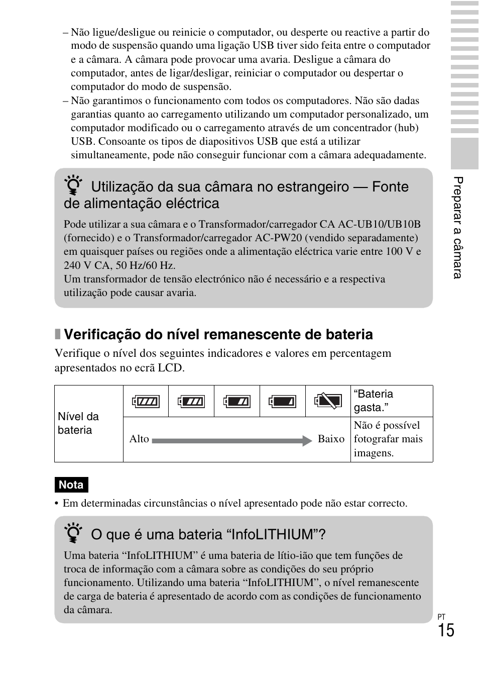 Xverificação do nível remanescente de bateria, O que é uma bateria “infolithium | Sony NEX-F3 User Manual | Page 277 / 522