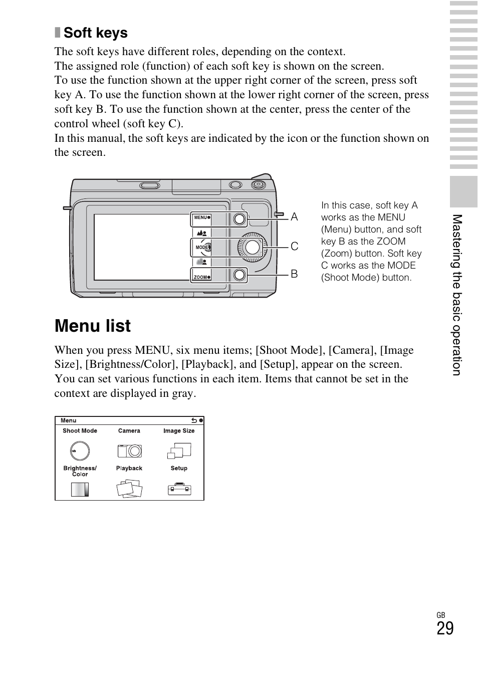 Menu list, Xsoft keys | Sony NEX-F3 User Manual | Page 29 / 522