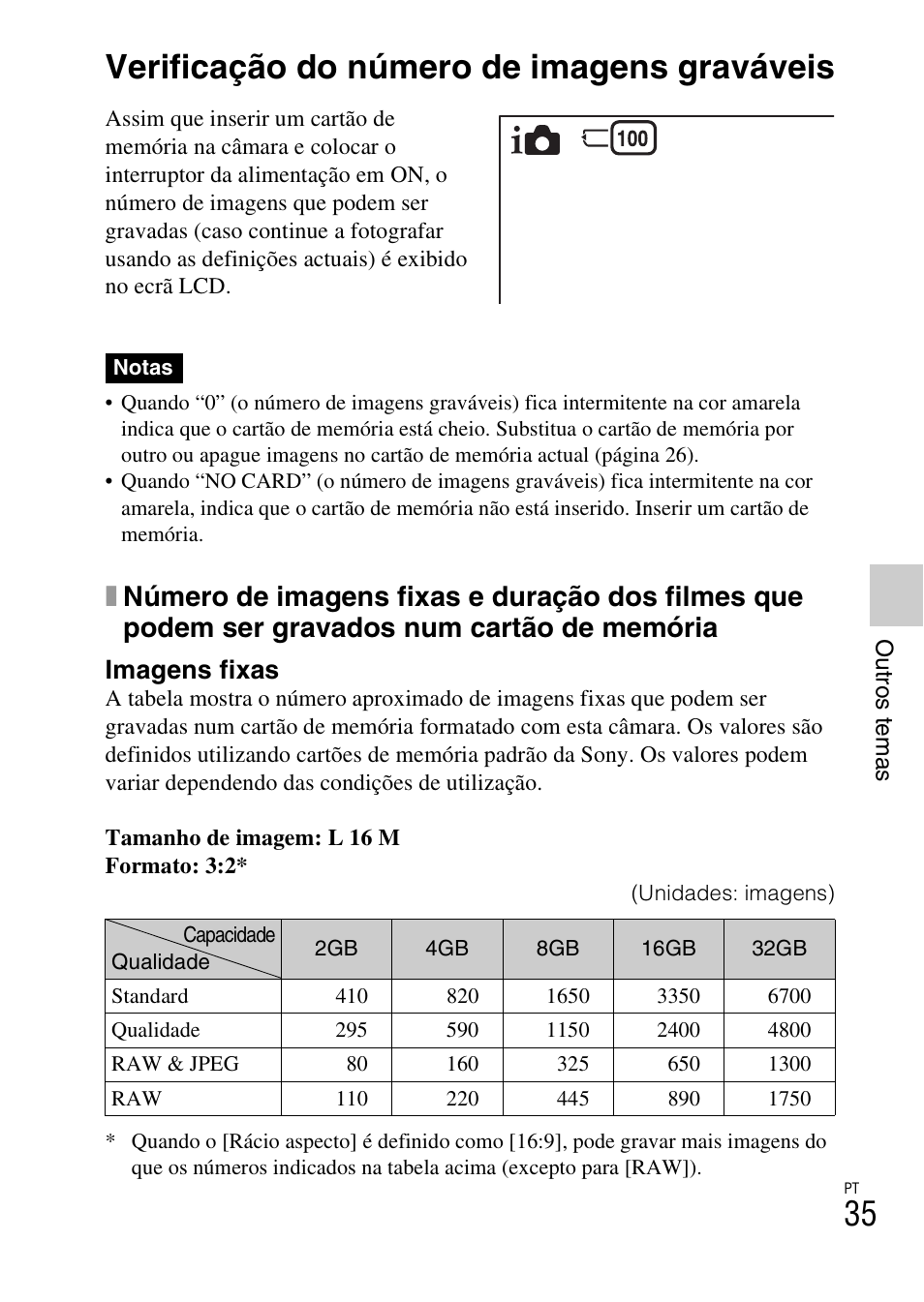 Outros temas, Verificação do número de imagens graváveis, Imagens fixas | Sony NEX-F3 User Manual | Page 297 / 522