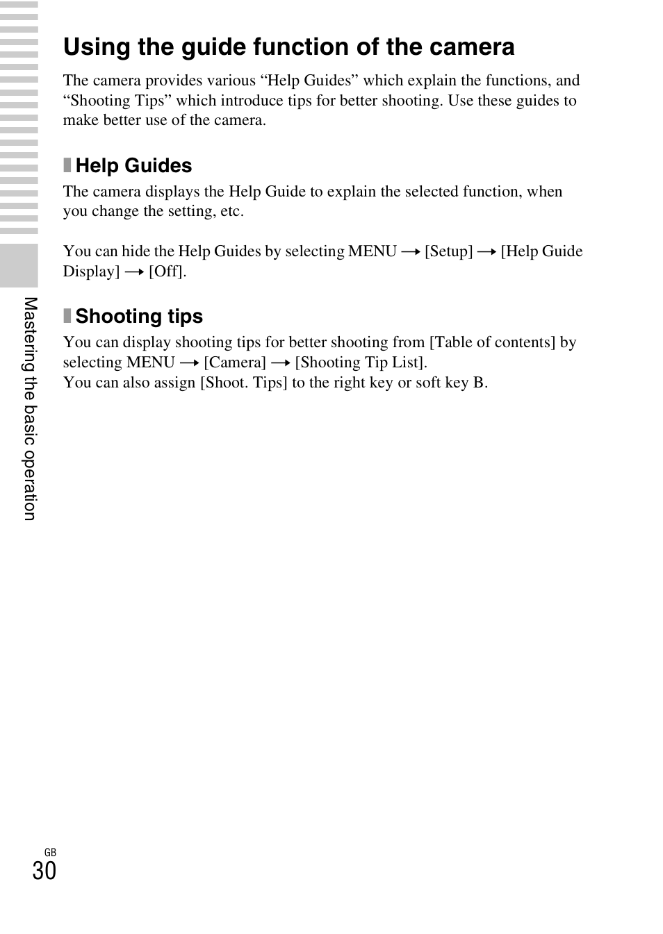 Using the guide function of the camera | Sony NEX-F3 User Manual | Page 30 / 522