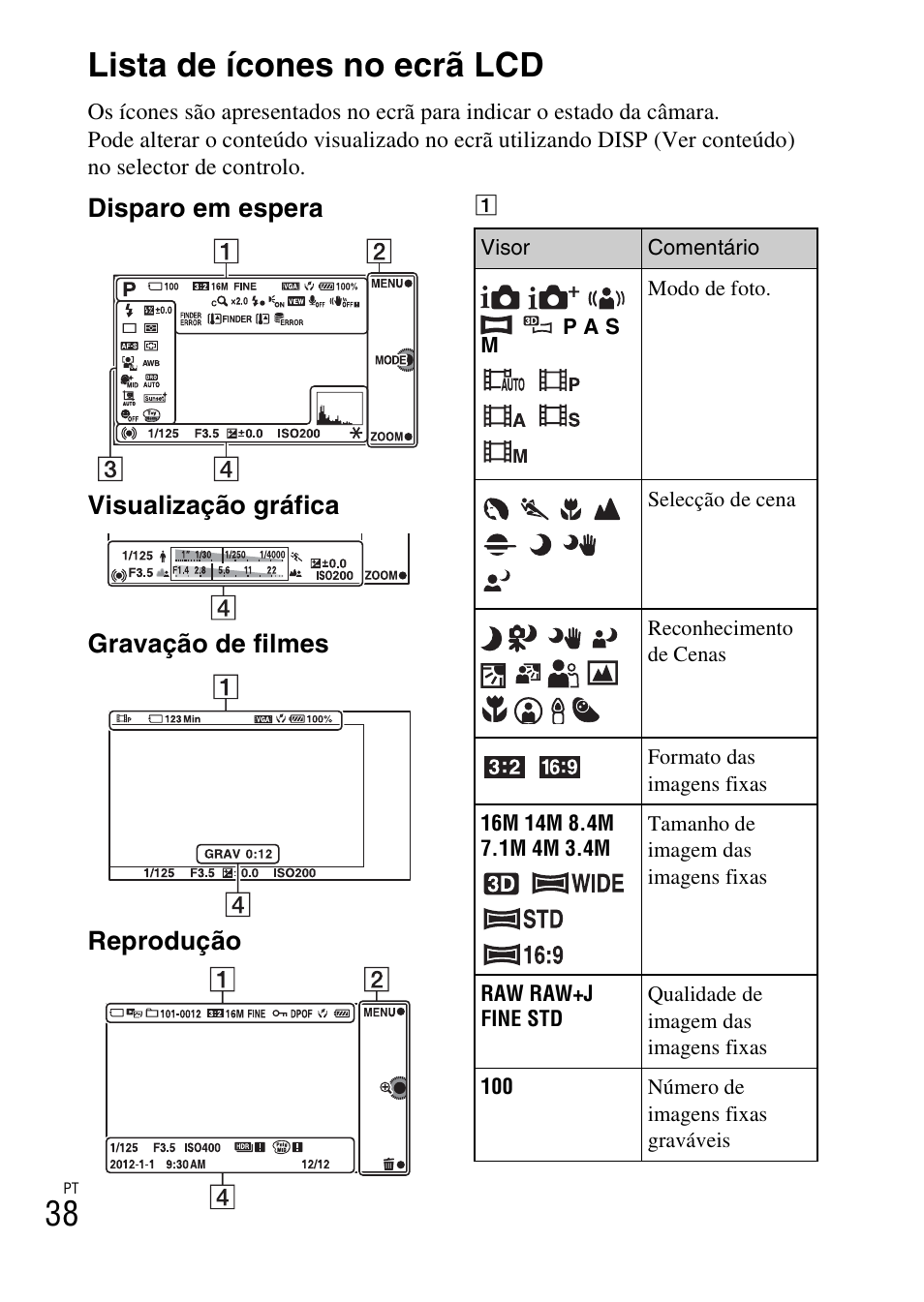 Lista de ícones no ecrã lcd, 38 lista de ícones no ecrã lcd | Sony NEX-F3 User Manual | Page 300 / 522