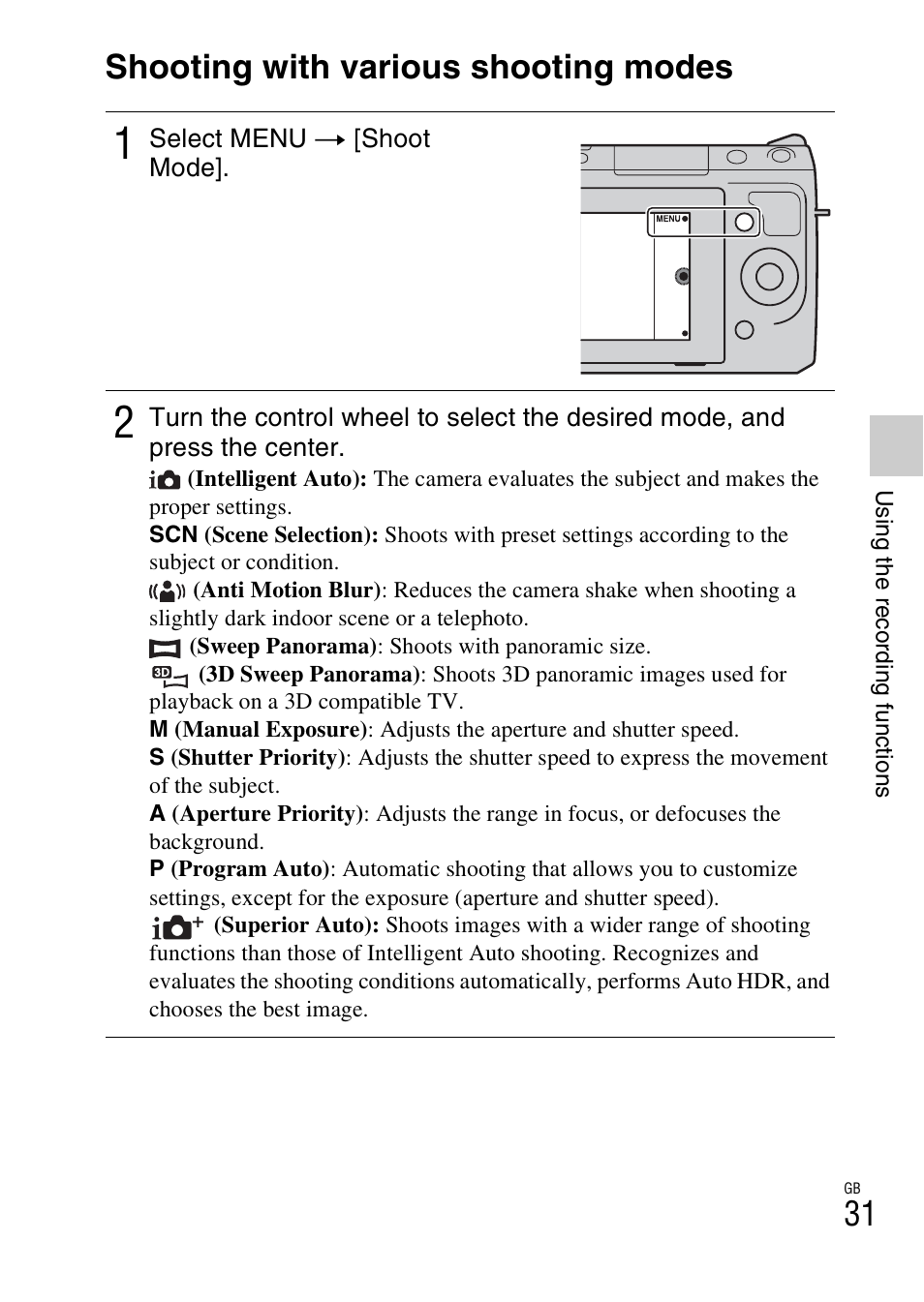 Using the recording functions, Shooting with various shooting modes | Sony NEX-F3 User Manual | Page 31 / 522