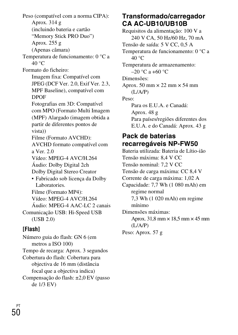 Transformado/carregador ca ac-ub10/ub10b, Pack de baterias recarregáveis np-fw50 | Sony NEX-F3 User Manual | Page 312 / 522