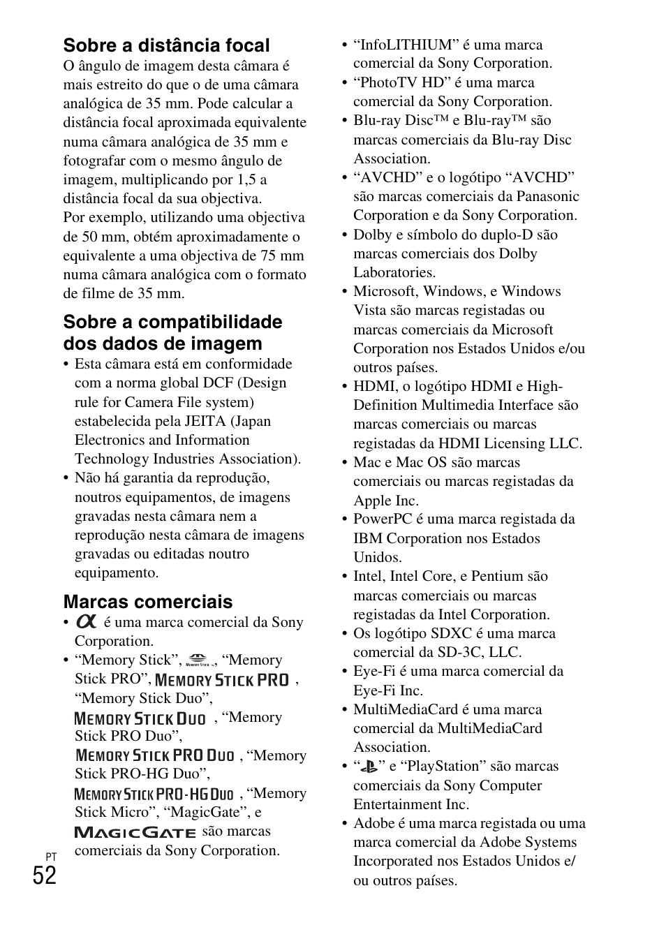 Sobre a distância focal, Sobre a compatibilidade dos dados de imagem, Marcas comerciais | Sony NEX-F3 User Manual | Page 314 / 522