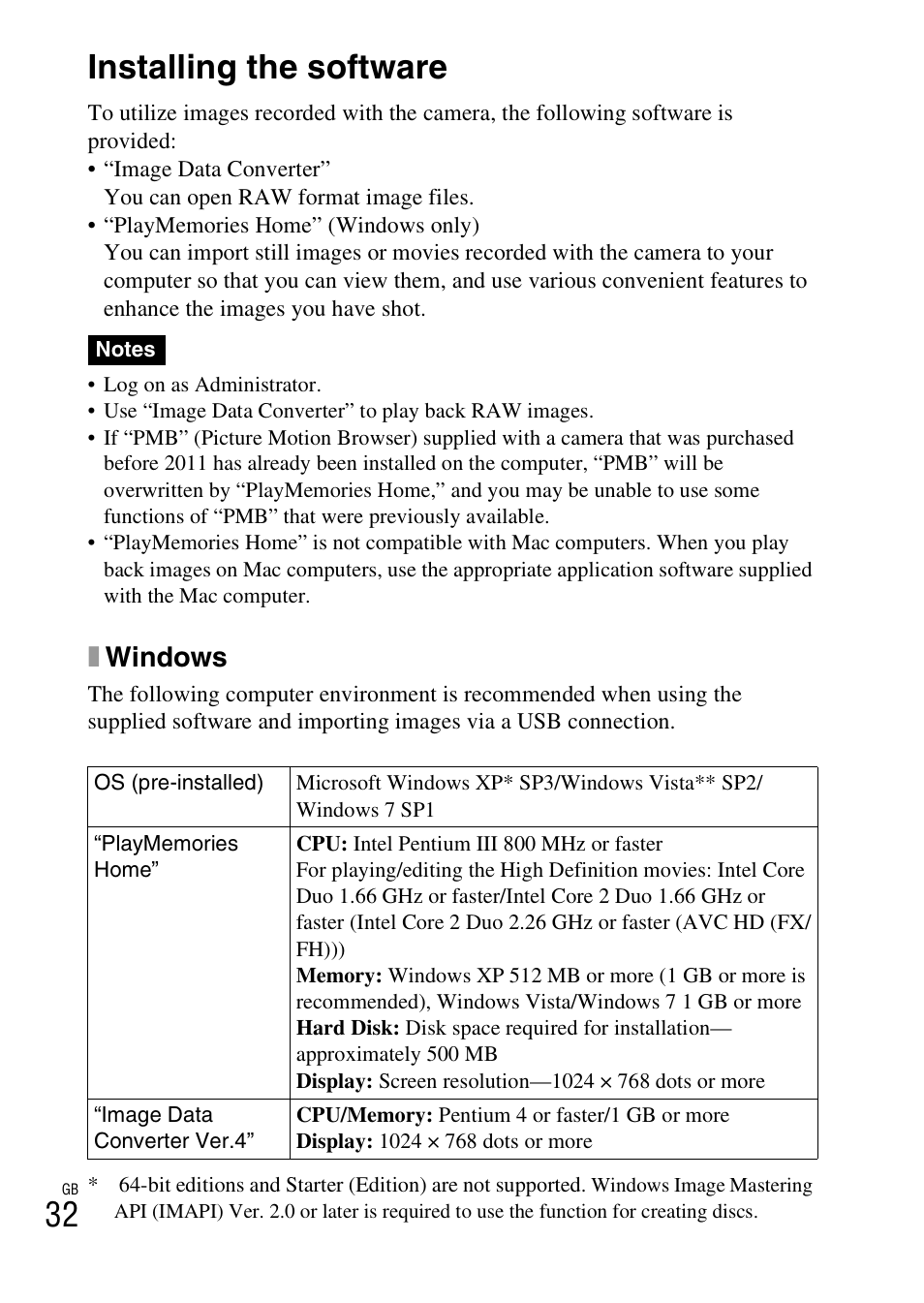 Importing images to the computer, Installing the software, Xwindows | Sony NEX-F3 User Manual | Page 32 / 522